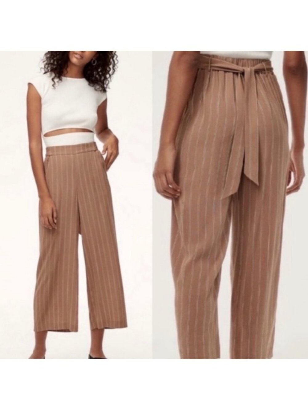 ARITZIA WILFRED Rust Brown Faun Striped Belted Wide Leg Women's Crop Pants S